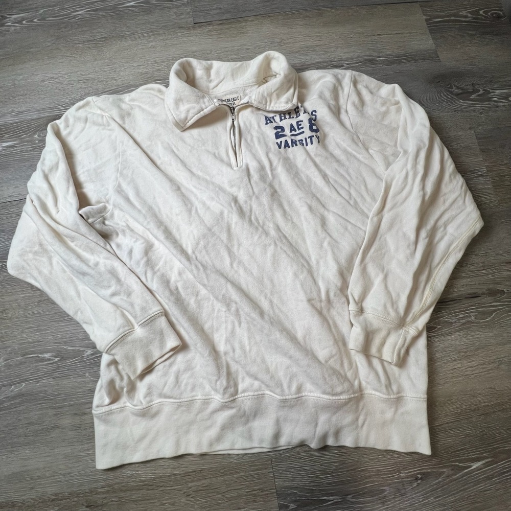 American Eagle Quarter Zip Sweatshirt Mens L‎ Cream Varsity Athletics Pullover